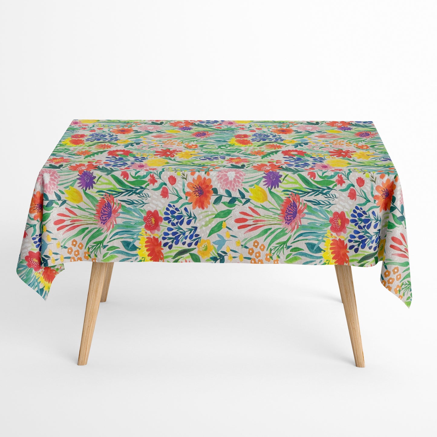 Jacquard Tischdecke aus beschichteter Baumwolle mit buntem, floralen Aquarellmuster in lebendigen Farben, fleckenabweisend und pflegeleicht.