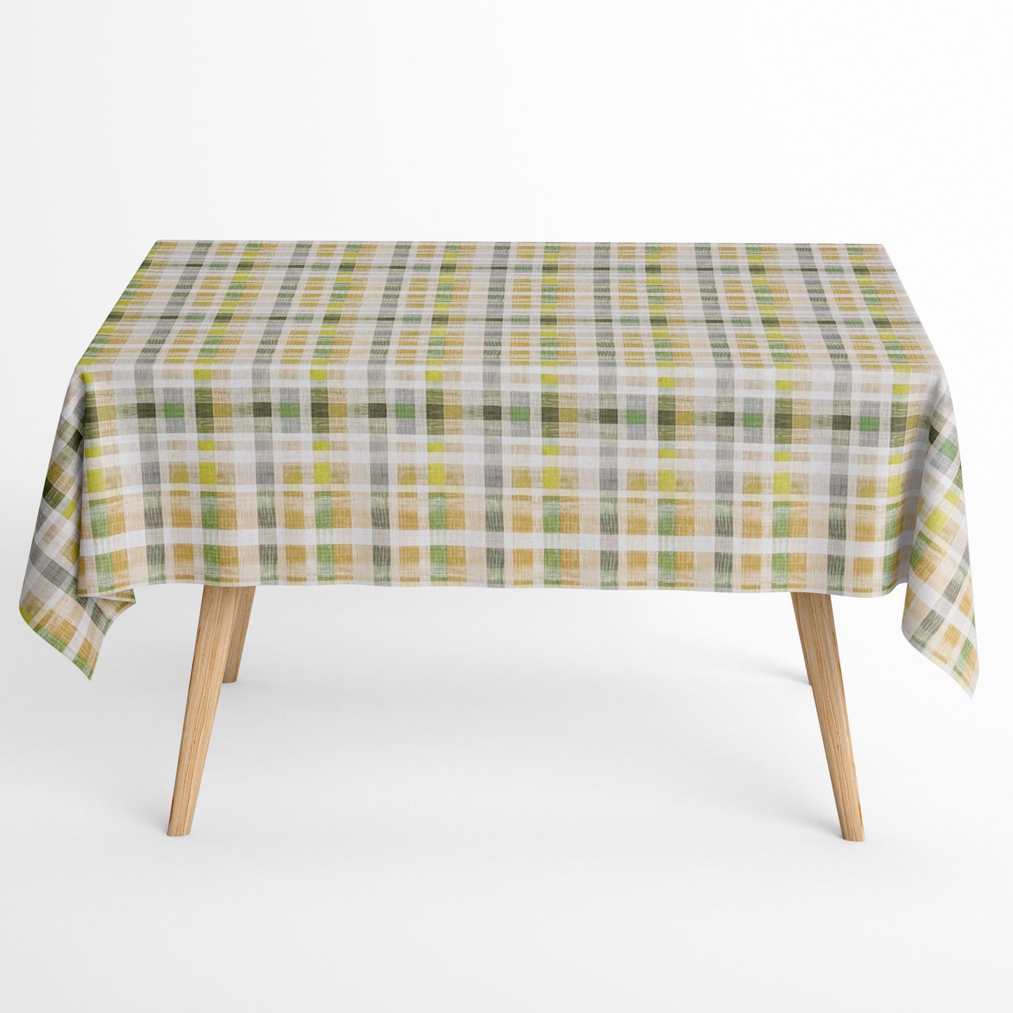 Jacquard Tischdecke aus beschichteter Baumwolle mit Karomuster in Grün-, Gelb- und Naturtönen, fleckenabweisend und pflegeleicht.