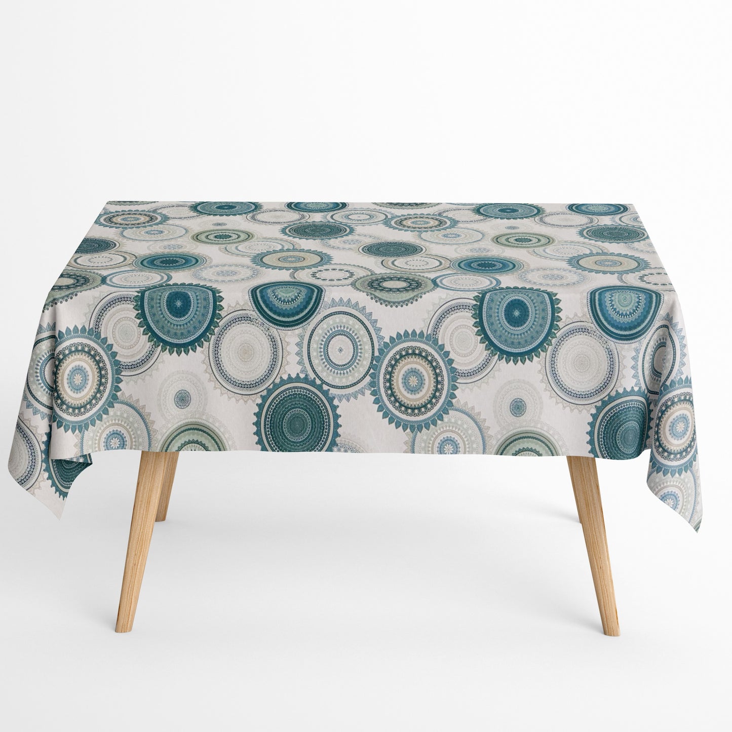 Jacquard Tischdecke aus beschichteter Baumwolle mit petrolfarbenen Mandala-Mustern in verschiedenen Größen, fleckenabweisend und pflegeleicht.
