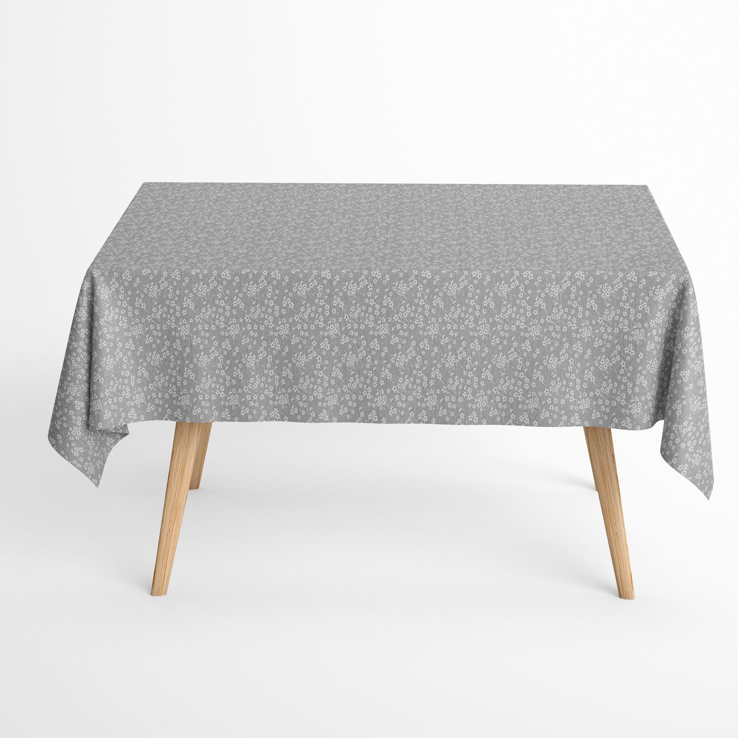 Jacquard-Tischdecke aus beschichteter Baumwolle in Grau mit feinem weißen Streublümchenmuster, fleckenabweisend.