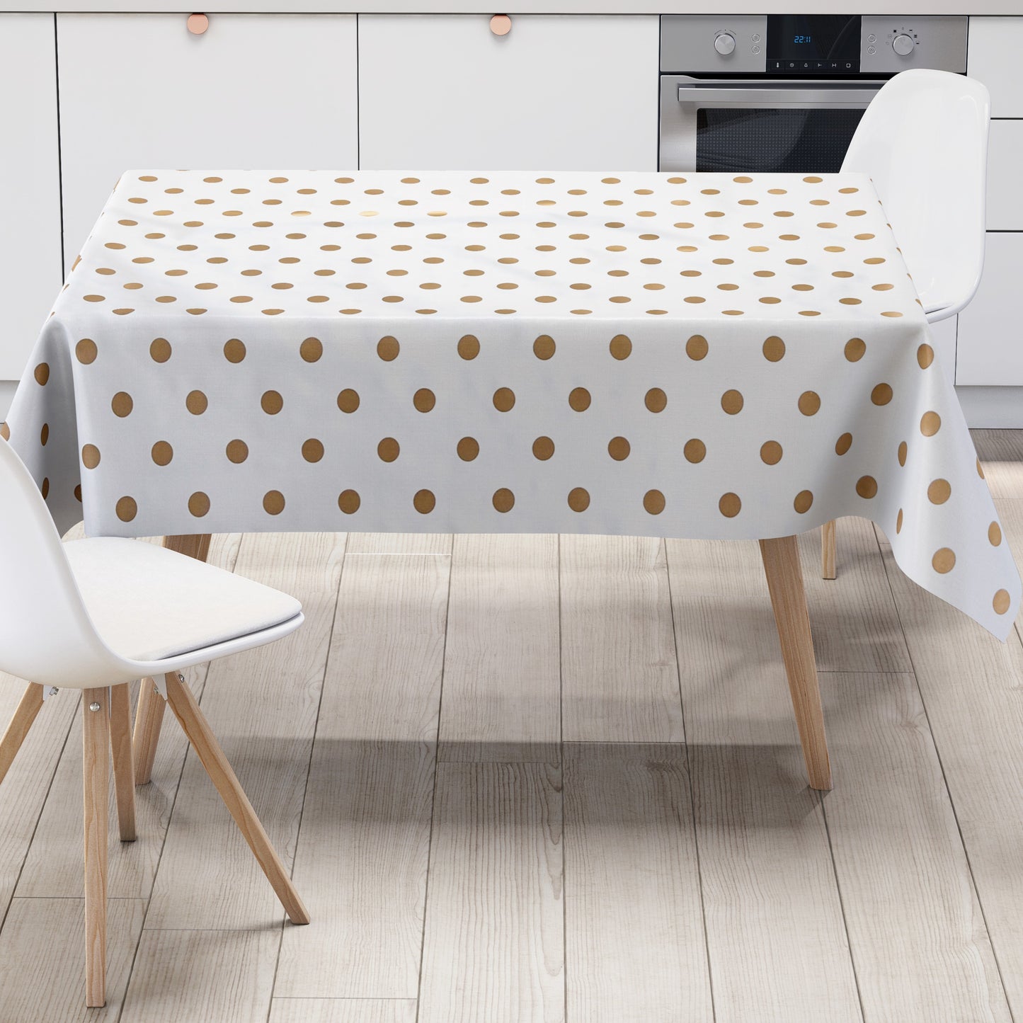 Wachstuch Tischdecke goldene Punkte auf weiß