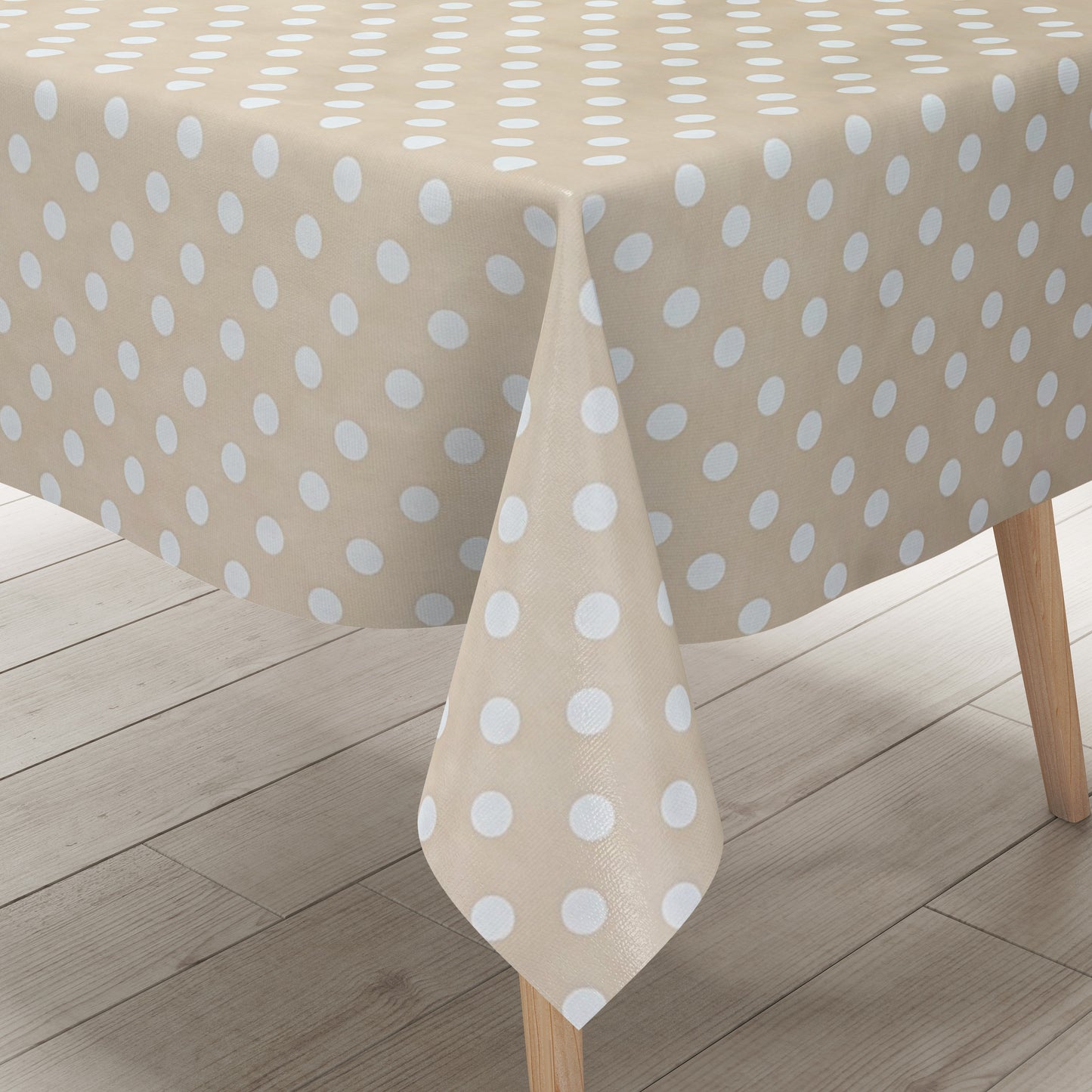 Nappe toile cirée 01150-04 pois blancs sur pois beige-crème carrée ronde ovale