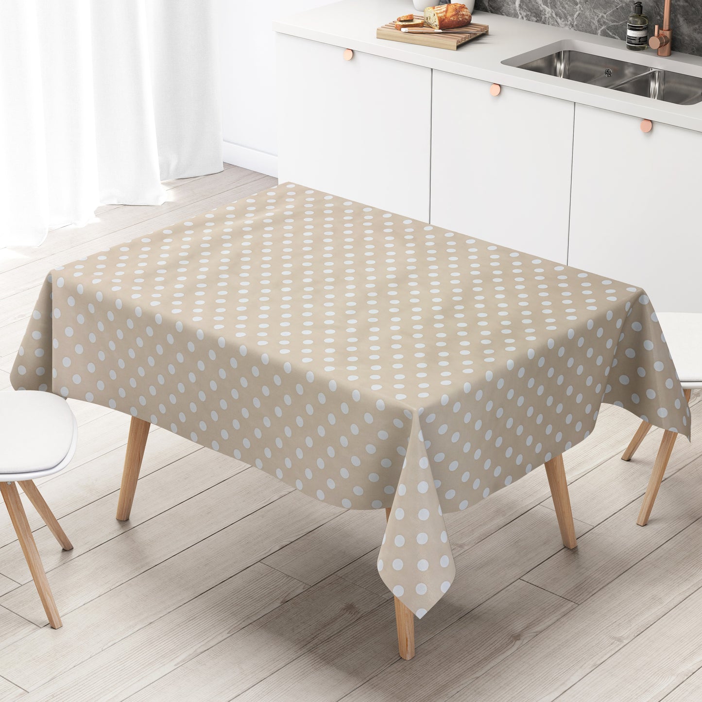 Nappe toile cirée 01150-04 pois blancs sur pois beige-crème carrée ronde ovale