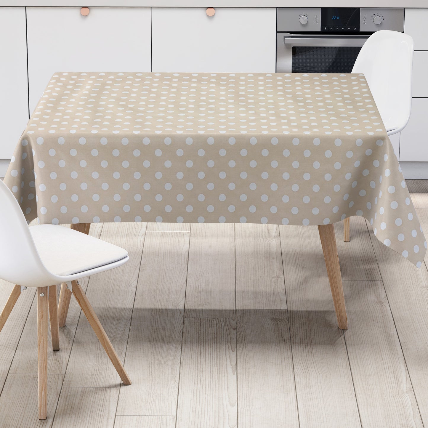 Nappe toile cirée 01150-04 pois blancs sur pois beige-crème carrée ronde ovale