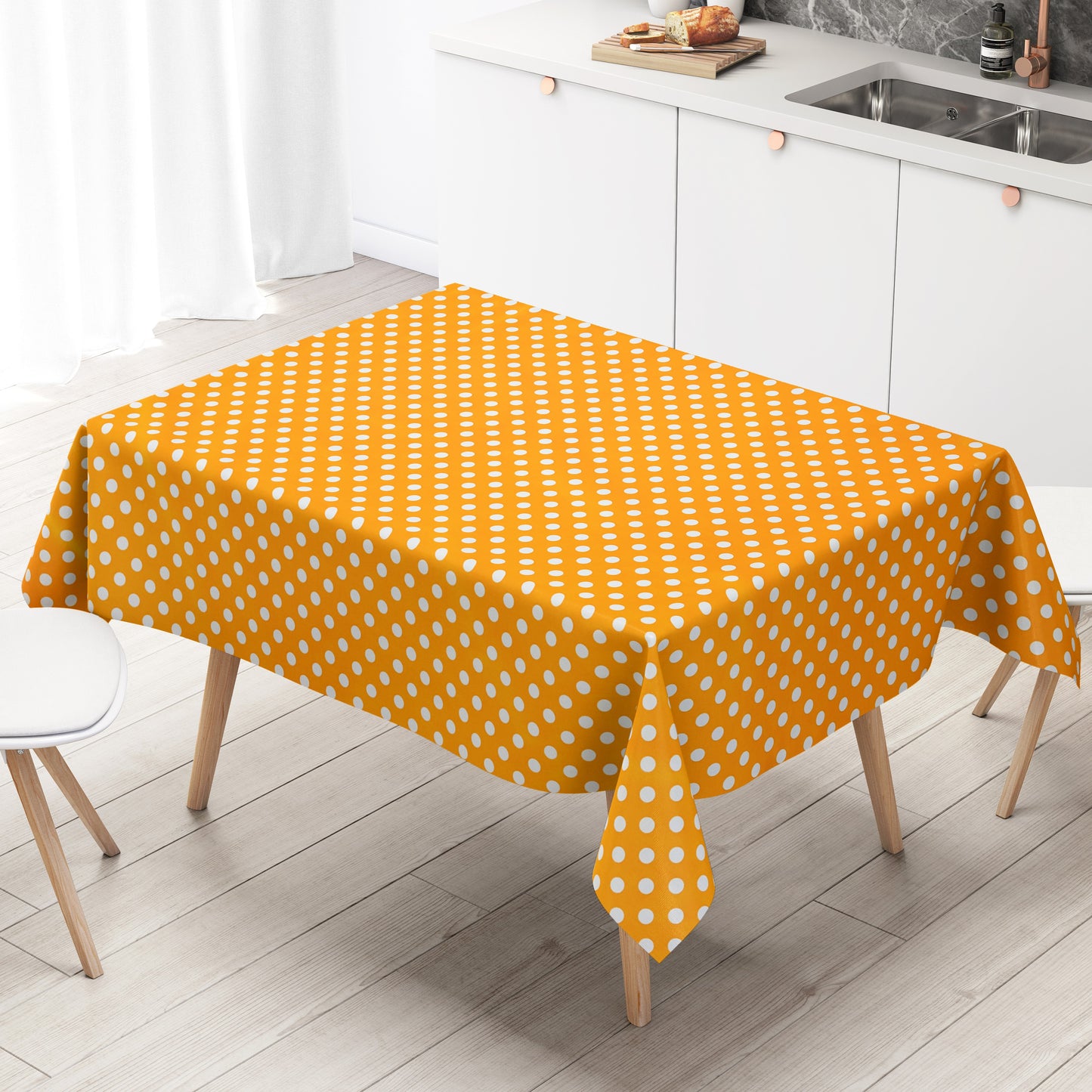 Nappe en toile cirée 01288-22 pois blancs sur pois orange carré rond ovale