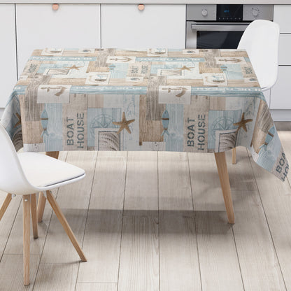 Wachstuch Tischdecke 01649-02 türkis maritim Meer Beach Seestern Holz eckig rund oval