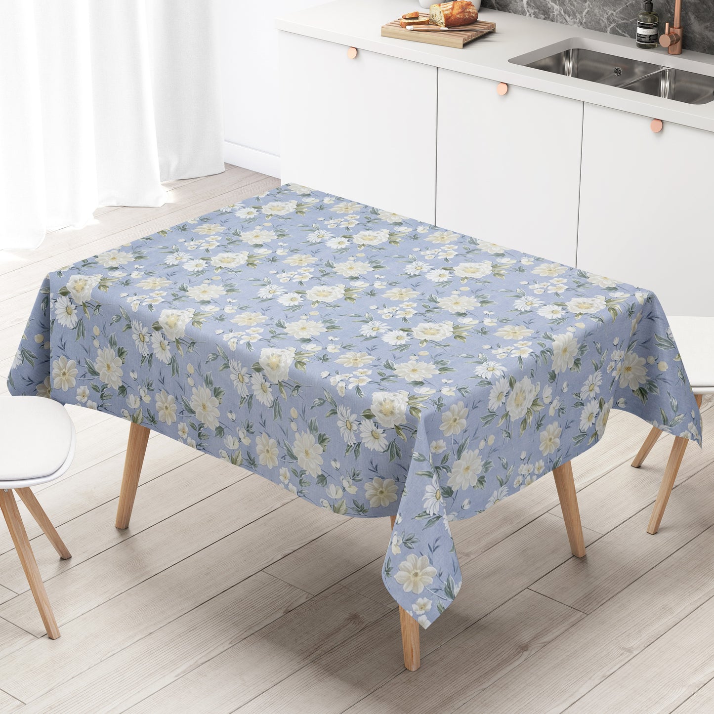 Oilcloth tablecloth 01670-02 light blue flowers floral square round oval