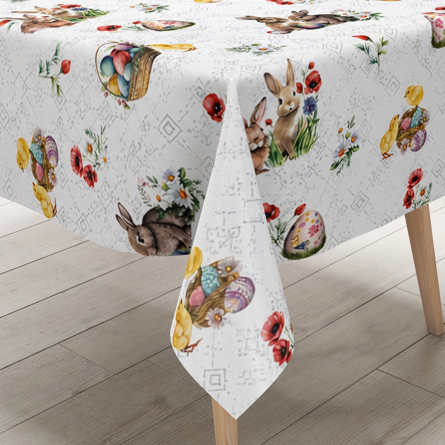 Wachstuch-Tischdecke mit Osterdessin auf weißem Hintergrund mit feinen silberfarbenen Ornamenten. Das Muster zeigt niedliche Hasen, flauschige Küken, bunte Ostereier in Körbchen sowie zarte Frühlingsblumen und Blütenzweige. Die liebevoll gestalteten Motive in harmonischen Pastelltönen verleihen der Tischdecke eine freundliche, frühlingshafte und festliche Ausstrahlung.