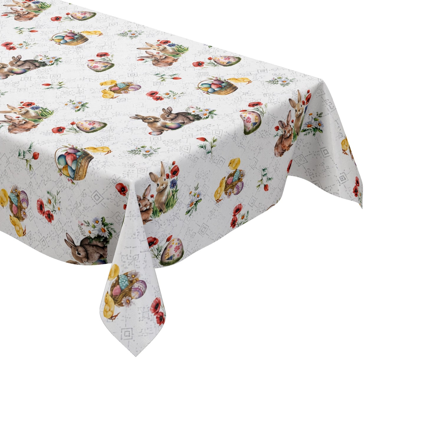 Wachstuch-Tischdecke mit Osterdessin auf weißem Hintergrund mit feinen silberfarbenen Ornamenten. Das Muster zeigt niedliche Hasen, flauschige Küken, bunte Ostereier in Körbchen sowie zarte Frühlingsblumen und Blütenzweige. Die liebevoll gestalteten Motive in harmonischen Pastelltönen verleihen der Tischdecke eine freundliche, frühlingshafte und festliche Ausstrahlung.