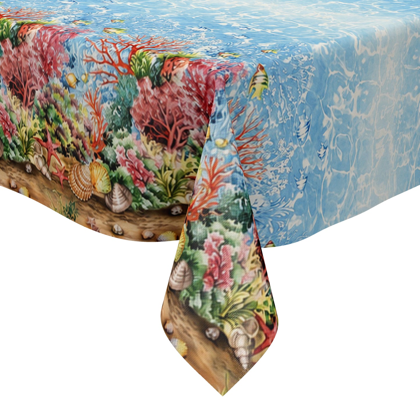 Wachstuch-Tischdecke mit maritimem Design. Das Muster zeigt eine detailreiche Unterwasserwelt mit bunten Korallen, tropischen Fischen, Muscheln und Seesternen. Die dekorativen Bordüren umrahmen eine Wasseroberflächen-Optik in hellen Blau- und Türkistönen, die an klares Meerwasser erinnert. Die farbenfrohe Gestaltung verleiht der Tischdecke eine sommerliche, frische und maritime Ausstrahlung.