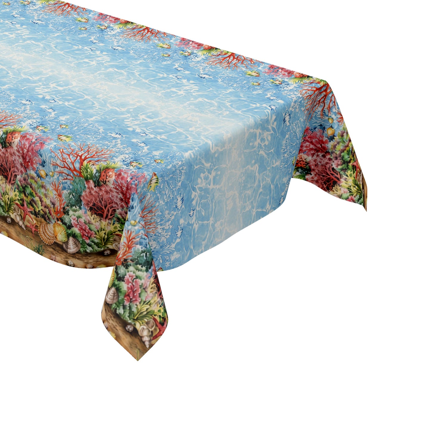 Wachstuch-Tischdecke mit maritimem Design. Das Muster zeigt eine detailreiche Unterwasserwelt mit bunten Korallen, tropischen Fischen, Muscheln und Seesternen. Die dekorativen Bordüren umrahmen eine Wasseroberflächen-Optik in hellen Blau- und Türkistönen, die an klares Meerwasser erinnert. Die farbenfrohe Gestaltung verleiht der Tischdecke eine sommerliche, frische und maritime Ausstrahlung.