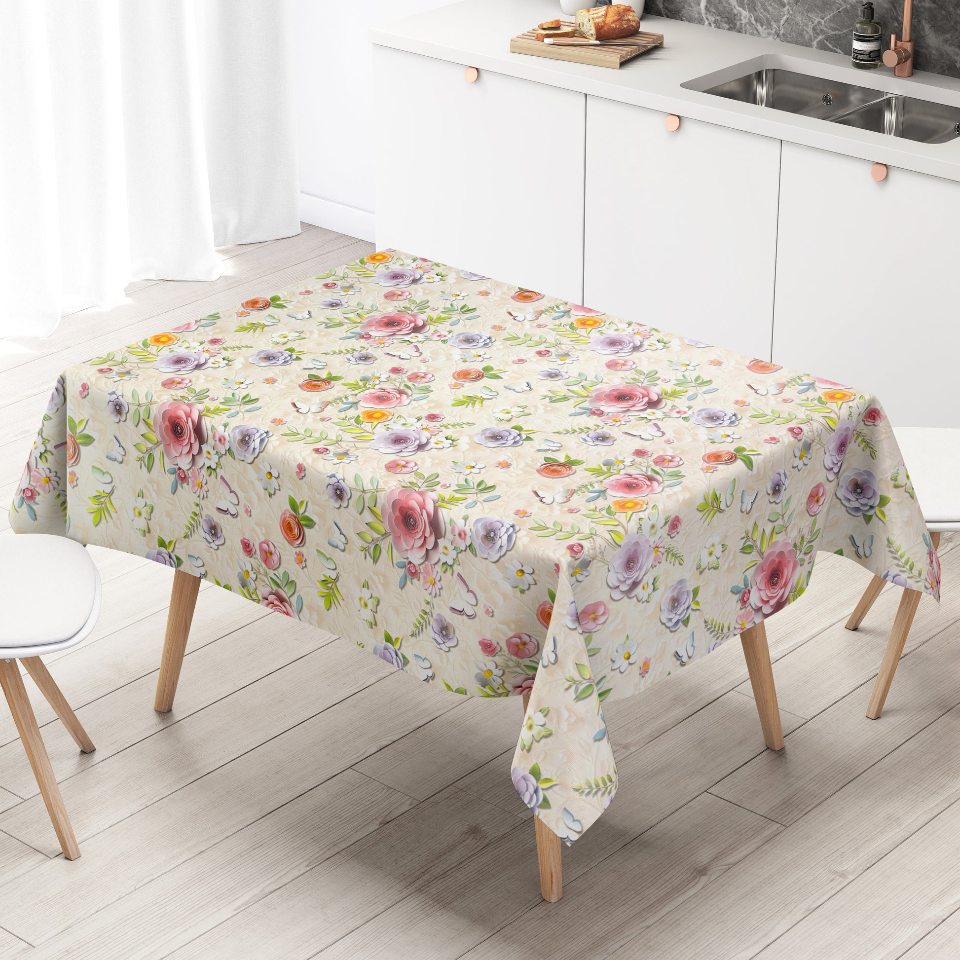 Wachstuch Tischdecke Blumen Blüten Schmetterlinge