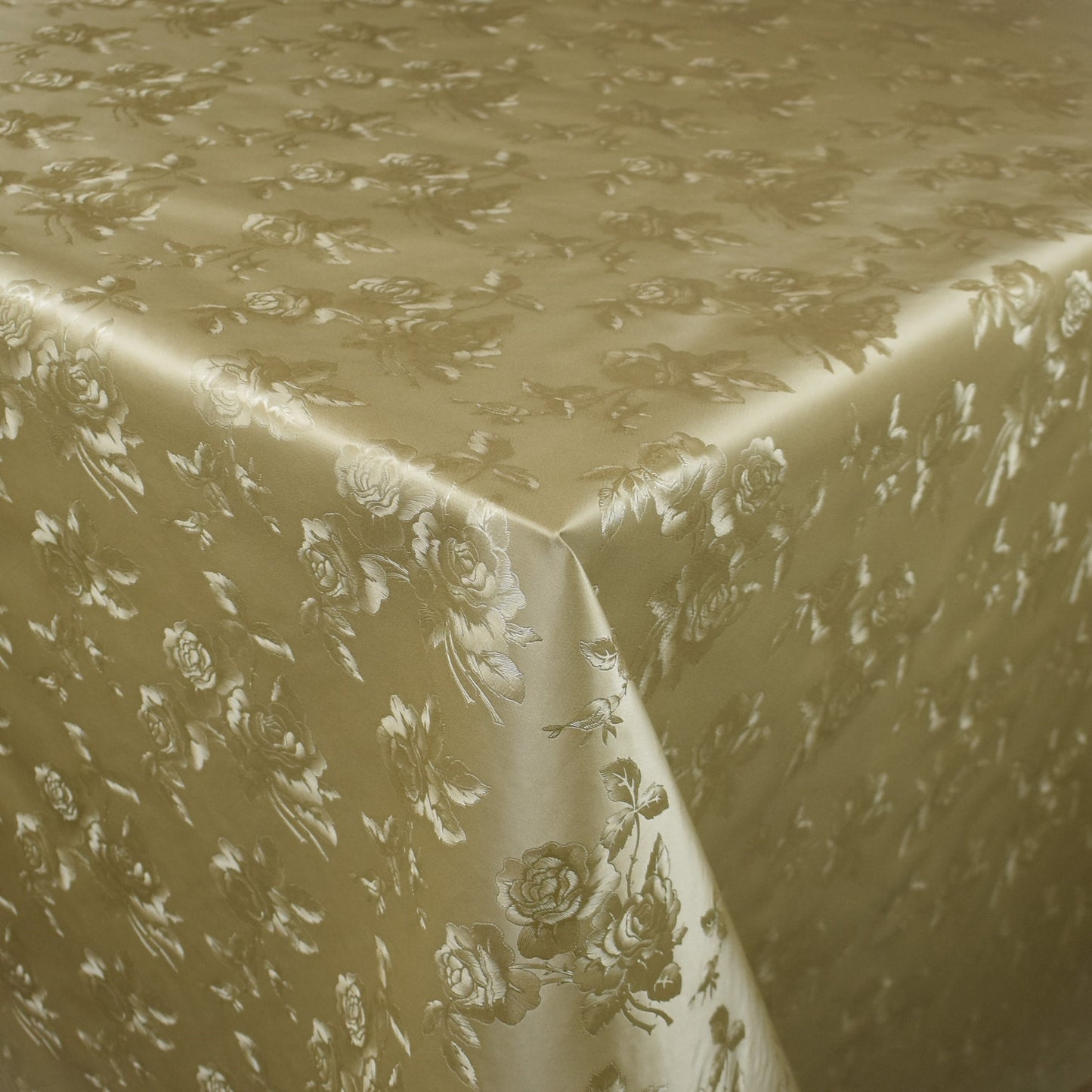 Oilcloth tablecloth damask embossed 03030-10 gold floral roses flowers square round oval