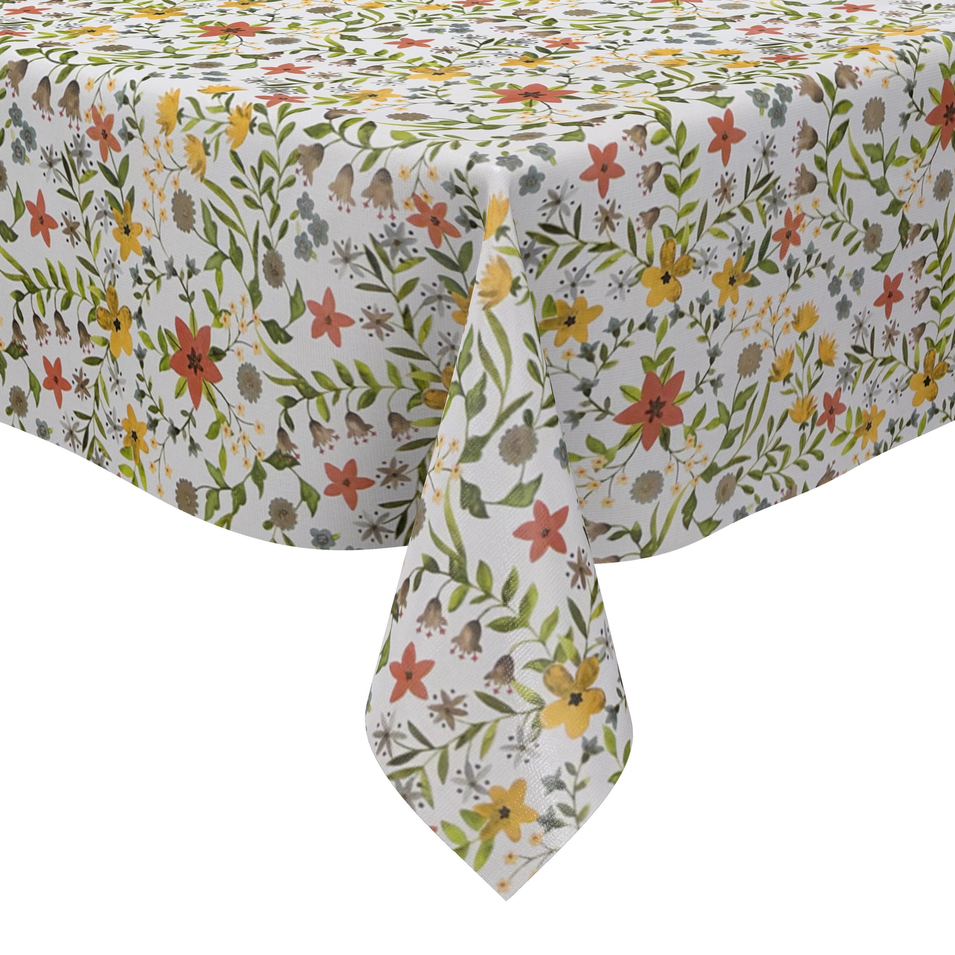Weiße Wachstuch-Tischdecke mit zartem Blumenwiesen-Muster in Gelb, Apricot, Creme und Grau sowie grünen Blättern und Ranken in natürlicher Aquarell-Optik.