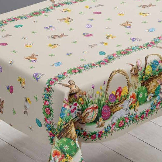 Wachstuch Tischdecke 113A beige Ostern Osterhase Osterei Bordürenmuster eckig rund oval