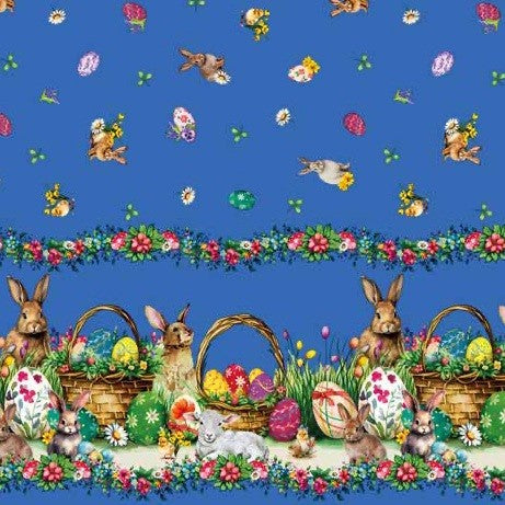 Nappe en toile cirée 113C bleu Pâques lapin de Pâques oeuf de Pâques bordure motif carré rond ovale