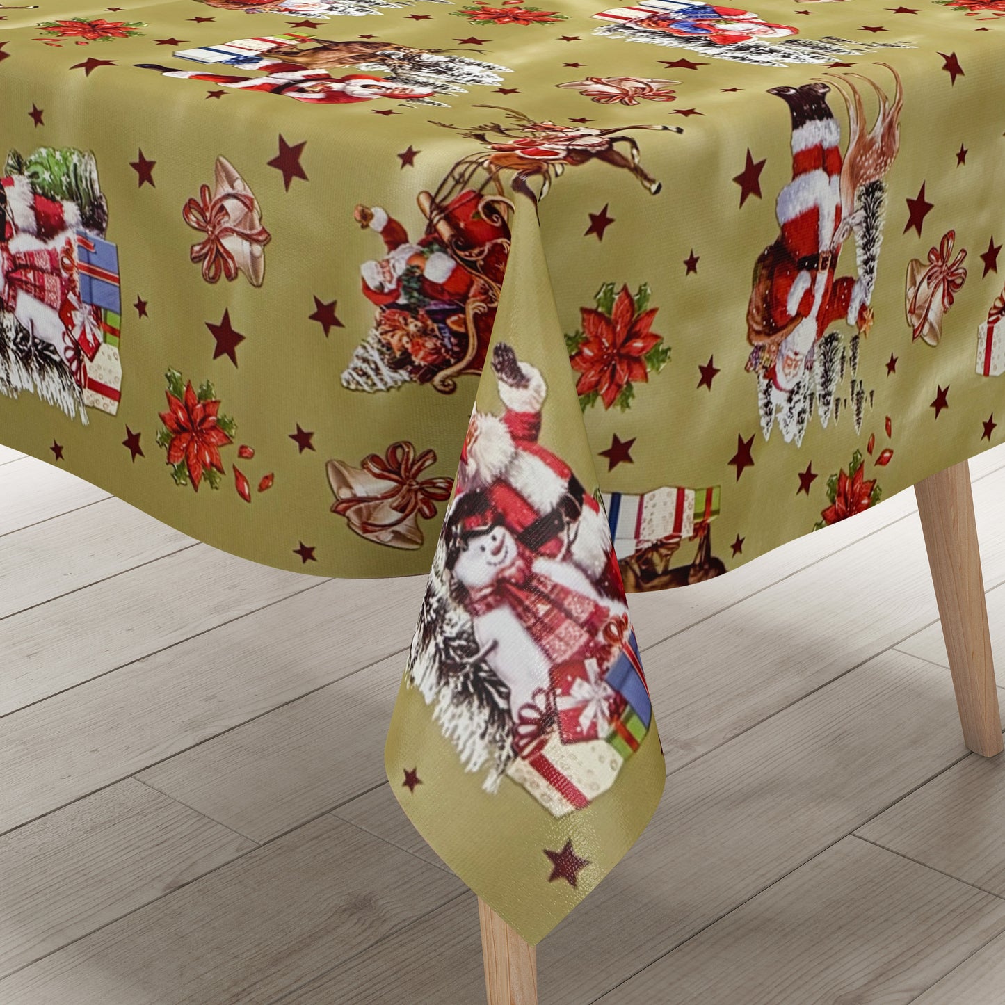 Nappe en toile cirée 137C étoiles de Noël dorées Père Noël carrée ronde ovale