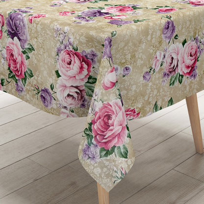 Nappe en toile cirée 144A beige fleurs de roses floral carré rond ovale