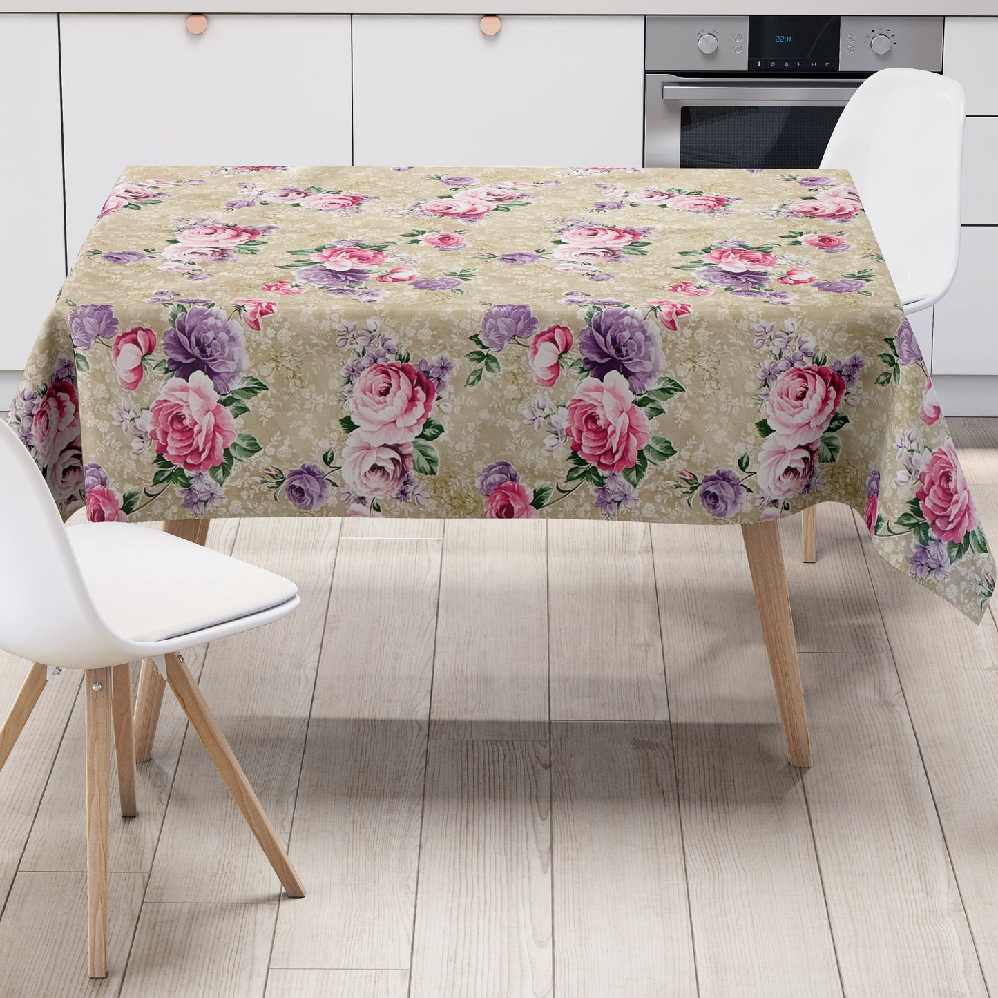 Nappe en toile cirée 144A beige fleurs de roses floral carré rond ovale