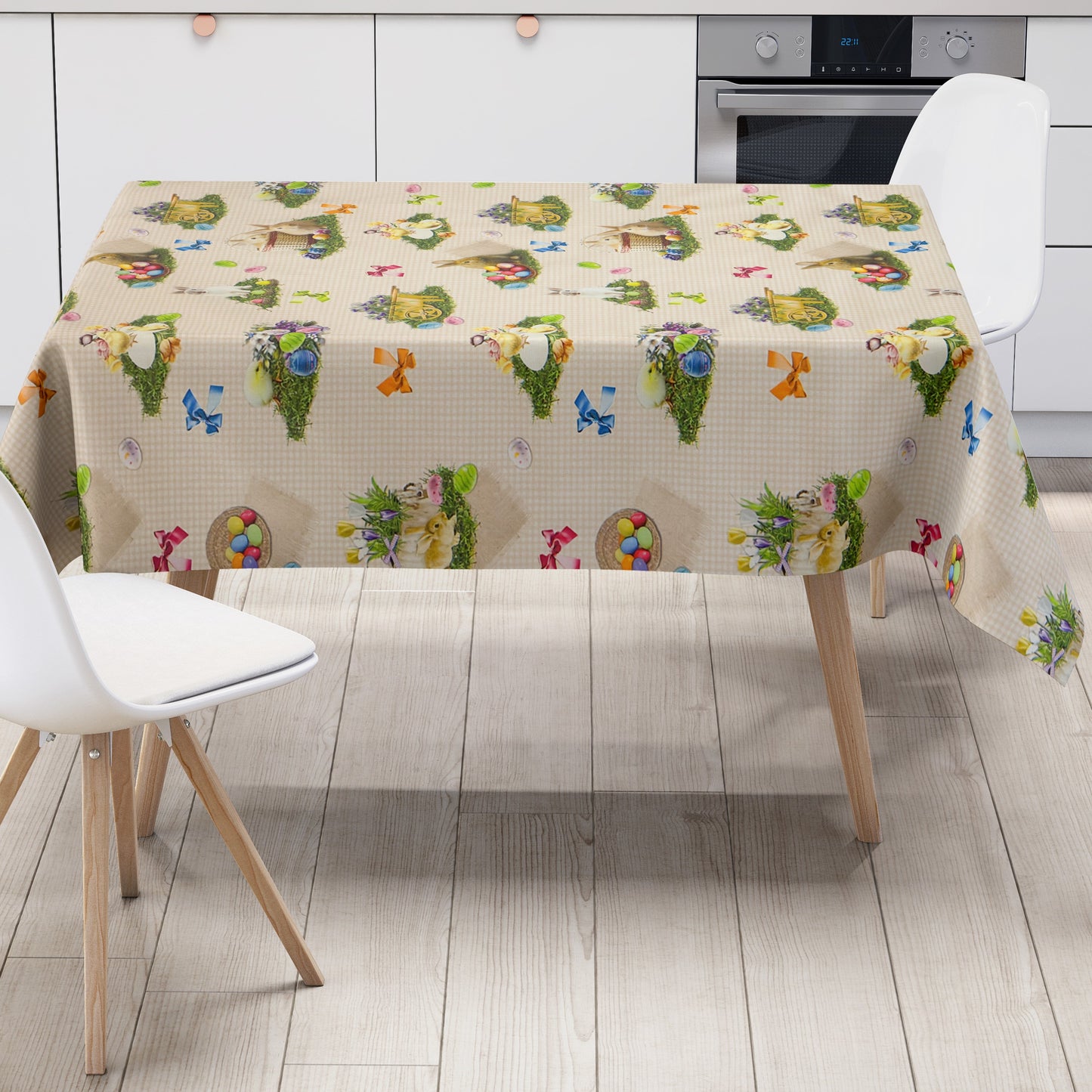 Oilcloth tablecloth 150A beige checked Easter Easter bunny Easter egg square round oval