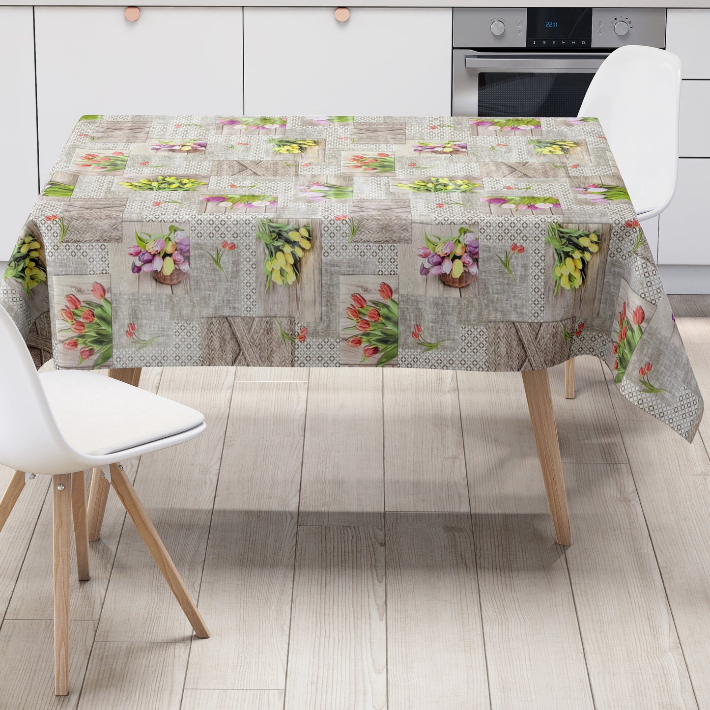 Wachstuch Tischdecke Frühjahr Tulpen auf Holz