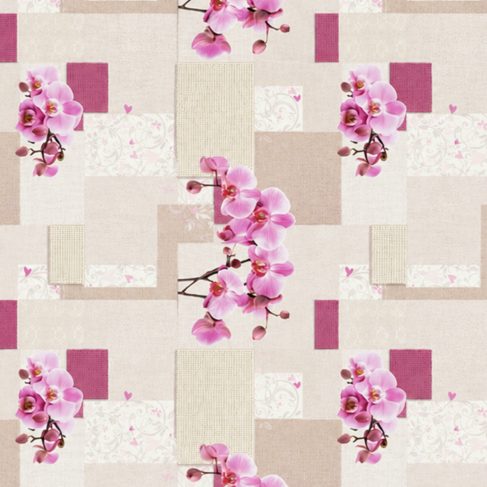 Rechteckiges Wachstuch mit hellem Beige- und Cremeton als Hintergrund, dekoriert mit großen rosa Orchideenblüten, pinkfarbenen Akzenten und einem modernen Patchwork-Muster aus Quadraten, Rechtecken und dezenten floralen Ornamenten. Die Tischdecke wirkt freundlich, elegant und romantisch.