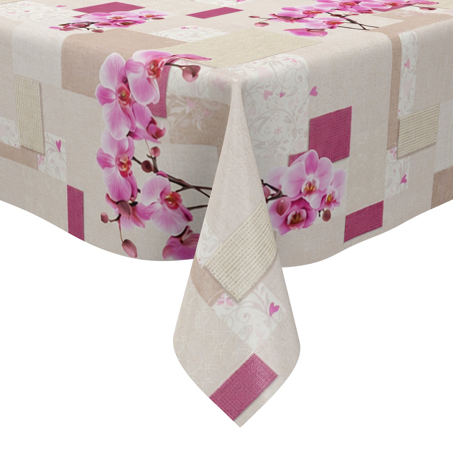 Rechteckiges Wachstuch mit hellem Beige- und Cremeton als Hintergrund, dekoriert mit großen rosa Orchideenblüten, pinkfarbenen Akzenten und einem modernen Patchwork-Muster aus Quadraten, Rechtecken und dezenten floralen Ornamenten. Die Tischdecke wirkt freundlich, elegant und romantisch.