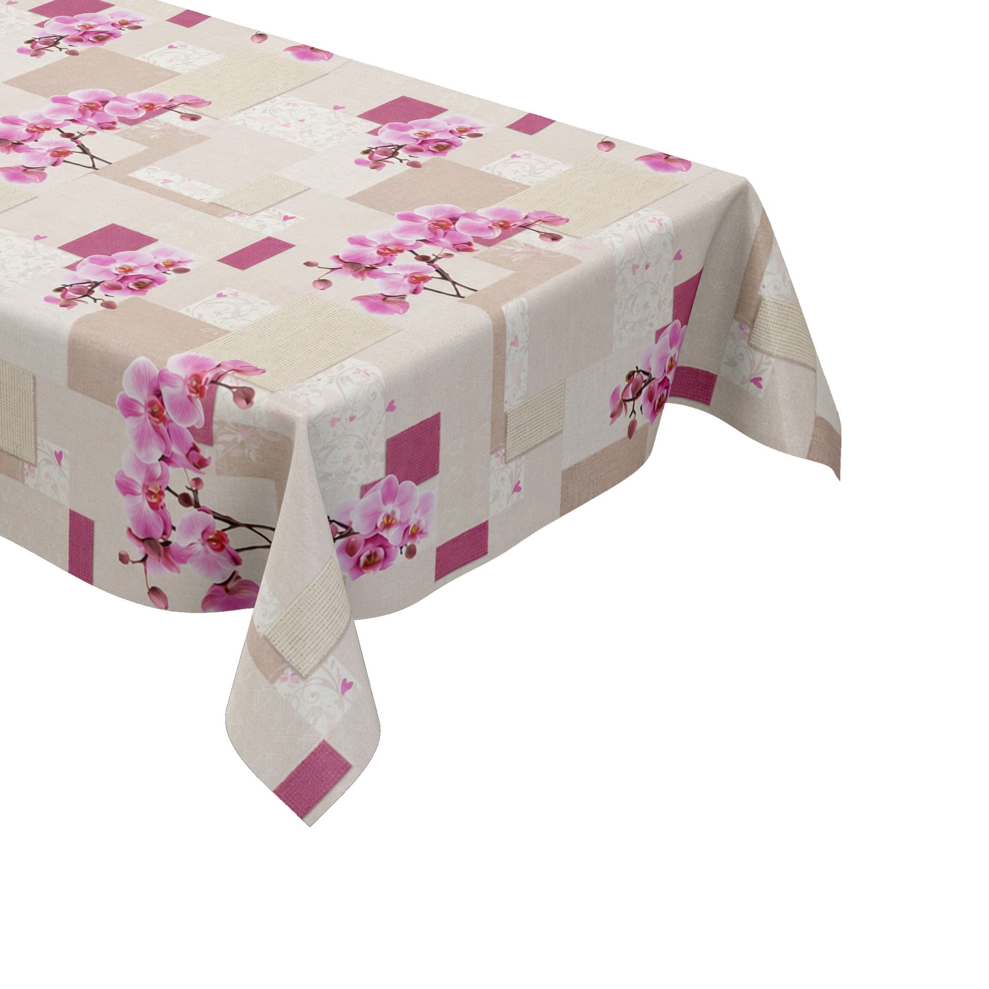 Rechteckiges Wachstuch mit hellem Beige- und Cremeton als Hintergrund, dekoriert mit großen rosa Orchideenblüten, pinkfarbenen Akzenten und einem modernen Patchwork-Muster aus Quadraten, Rechtecken und dezenten floralen Ornamenten. Die Tischdecke wirkt freundlich, elegant und romantisch.