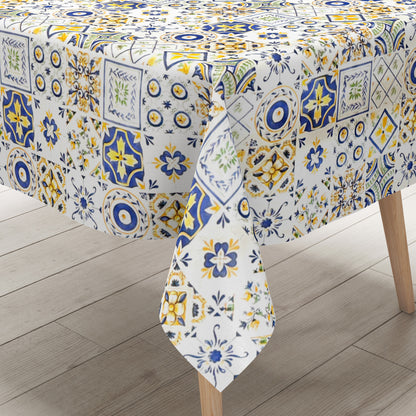 Nappe en toile cirée 191A mosaïque carreaux bleu jaune Portugal carré rond ovale