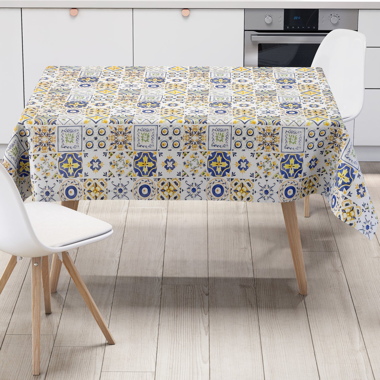 Nappe en toile cirée 191A mosaïque carreaux bleu jaune Portugal carré rond ovale