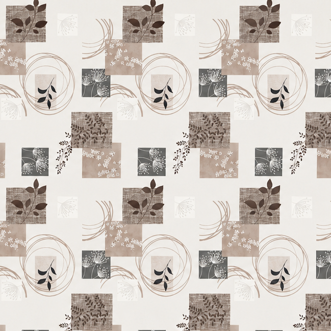 Wachstuch-Tischdecke mit herbstlichem Patchwork-Muster in Beige, Taupe, Braun und Grau. Dekorative Quadrate mit Blättern, Pflanzenmotiven, floralen Elementen und geschwungenen Linien verteilen sich gleichmäßig auf hellem Hintergrund. Das warme Design wirkt natürlich, modern und gemütlich und eignet sich ideal für eine stilvolle Herbstdekoration auf dem Esstisch.