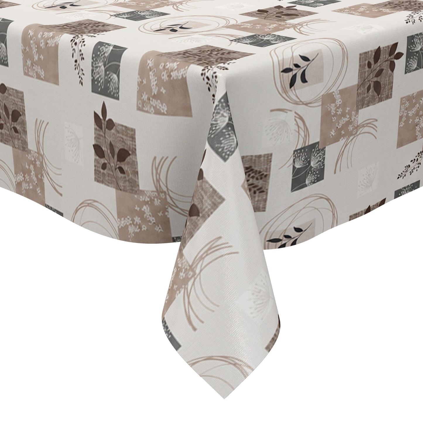 Wachstuch-Tischdecke mit herbstlichem Patchwork-Muster in Beige, Taupe, Braun und Grau. Dekorative Quadrate mit Blättern, Pflanzenmotiven, floralen Elementen und geschwungenen Linien verteilen sich gleichmäßig auf hellem Hintergrund. Das warme Design wirkt natürlich, modern und gemütlich und eignet sich ideal für eine stilvolle Herbstdekoration auf dem Esstisch.