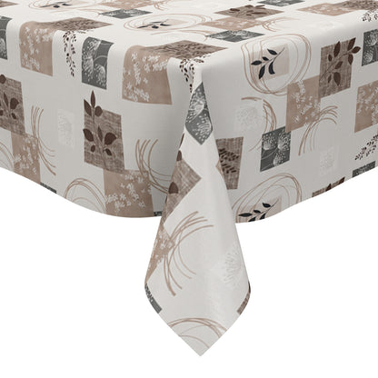 Wachstuch-Tischdecke mit herbstlichem Patchwork-Muster in Beige, Taupe, Braun und Grau. Dekorative Quadrate mit Blättern, Pflanzenmotiven, floralen Elementen und geschwungenen Linien verteilen sich gleichmäßig auf hellem Hintergrund. Das warme Design wirkt natürlich, modern und gemütlich und eignet sich ideal für eine stilvolle Herbstdekoration auf dem Esstisch.