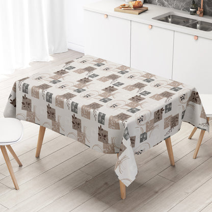 Wachstuch-Tischdecke mit herbstlichem Patchwork-Muster in Beige, Taupe, Braun und Grau. Dekorative Quadrate mit Blättern, Pflanzenmotiven, floralen Elementen und geschwungenen Linien verteilen sich gleichmäßig auf hellem Hintergrund. Das warme Design wirkt natürlich, modern und gemütlich und eignet sich ideal für eine stilvolle Herbstdekoration auf dem Esstisch.