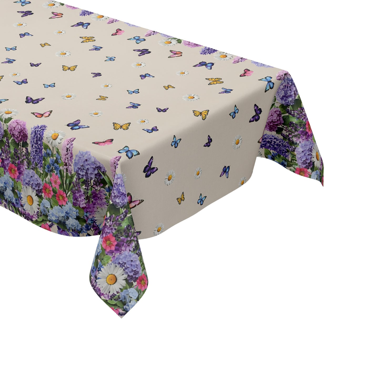 Wachstuch-Tischdecke mit cremefarbenem Hintergrund, dekoriert mit bunten Schmetterlingen und weißen Margeriten. Entlang der Ränder verläuft eine üppige Blumenbordüre aus Lavendel, Hortensien und weiteren Blüten in Violett-, Blau-, Rosa- und Weißtönen. Das frühlingshafte Design erinnert an eine blühende Gartenwiese und sorgt für eine freundliche, sommerliche Atmosphäre.