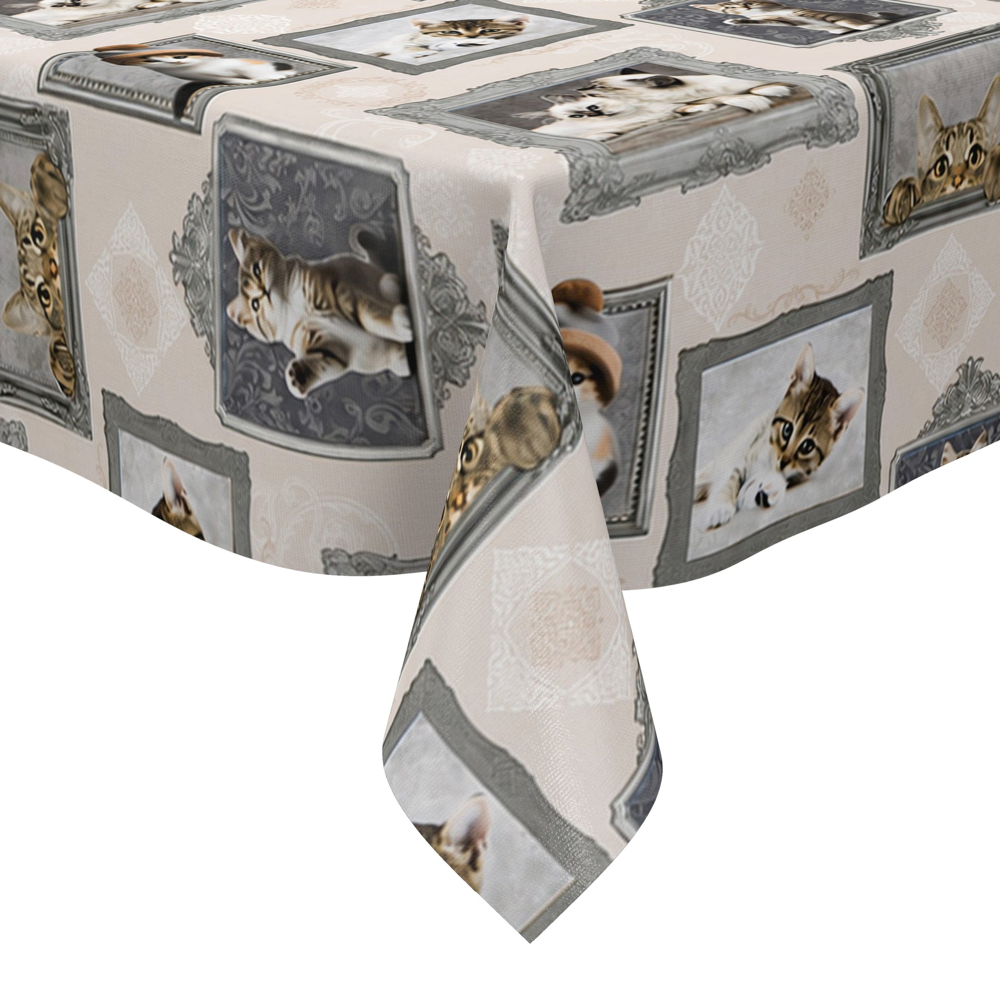 Wachstuch-Tischdecke mit cremefarbenem Hintergrund und dekorativem Katzenmotiv im Vintage-Stil. Verschiedene Katzenporträts in grauen und silbernen Bilderrahmen sind gleichmäßig über die Tischdecke verteilt. Das Design zeigt flauschige Kätzchen und neugierige Katzen mit dezenten Ornamentmustern zwischen den Rahmen.