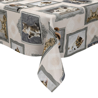 Wachstuch-Tischdecke mit cremefarbenem Hintergrund und dekorativem Katzenmotiv im Vintage-Stil. Verschiedene Katzenporträts in grauen und silbernen Bilderrahmen sind gleichmäßig über die Tischdecke verteilt. Das Design zeigt flauschige Kätzchen und neugierige Katzen mit dezenten Ornamentmustern zwischen den Rahmen.