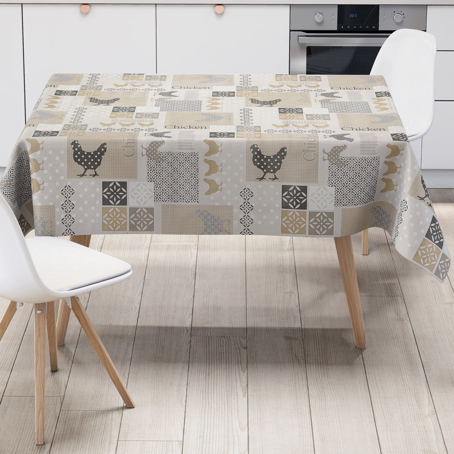 Wachstuch Tischdecke beige Hühner
