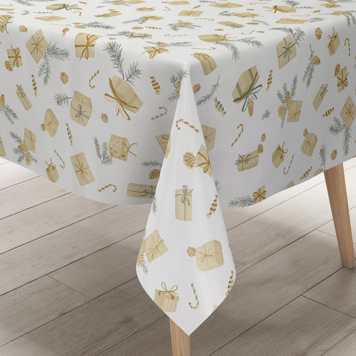 weihnachtliche Wachstuch Tischdecke mit Geschenken und Tannenzapfen auf beige