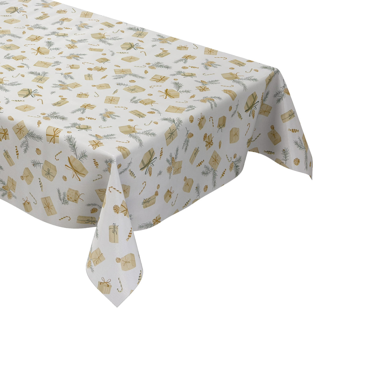 weihnachtliche Wachstuch Tischdecke mit Geschenken und Tannenzapfen auf beige