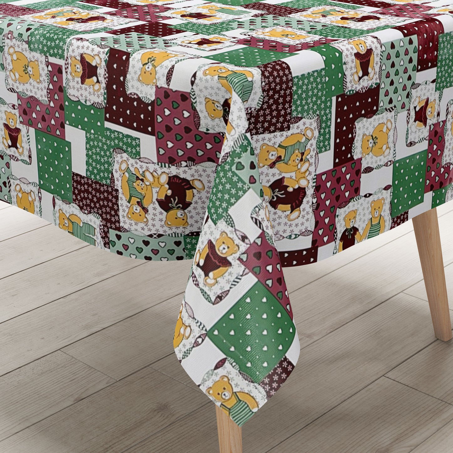 Nappe toile cirée 4068-01 motif enfant teddy vert rouge carrée ronde ovale