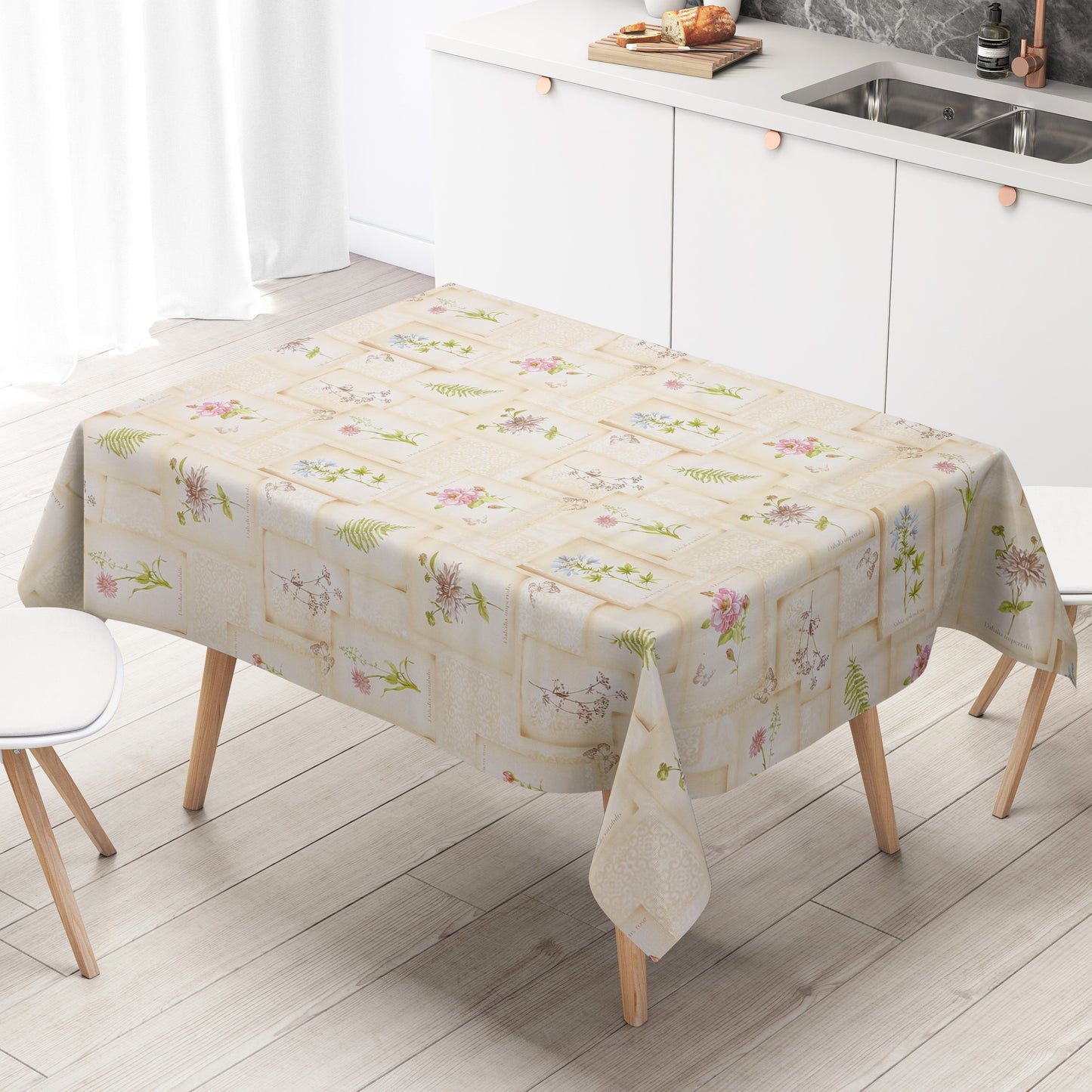 Wachstuch Tischdecke geprägt beige Blumen Dahlia Salbei