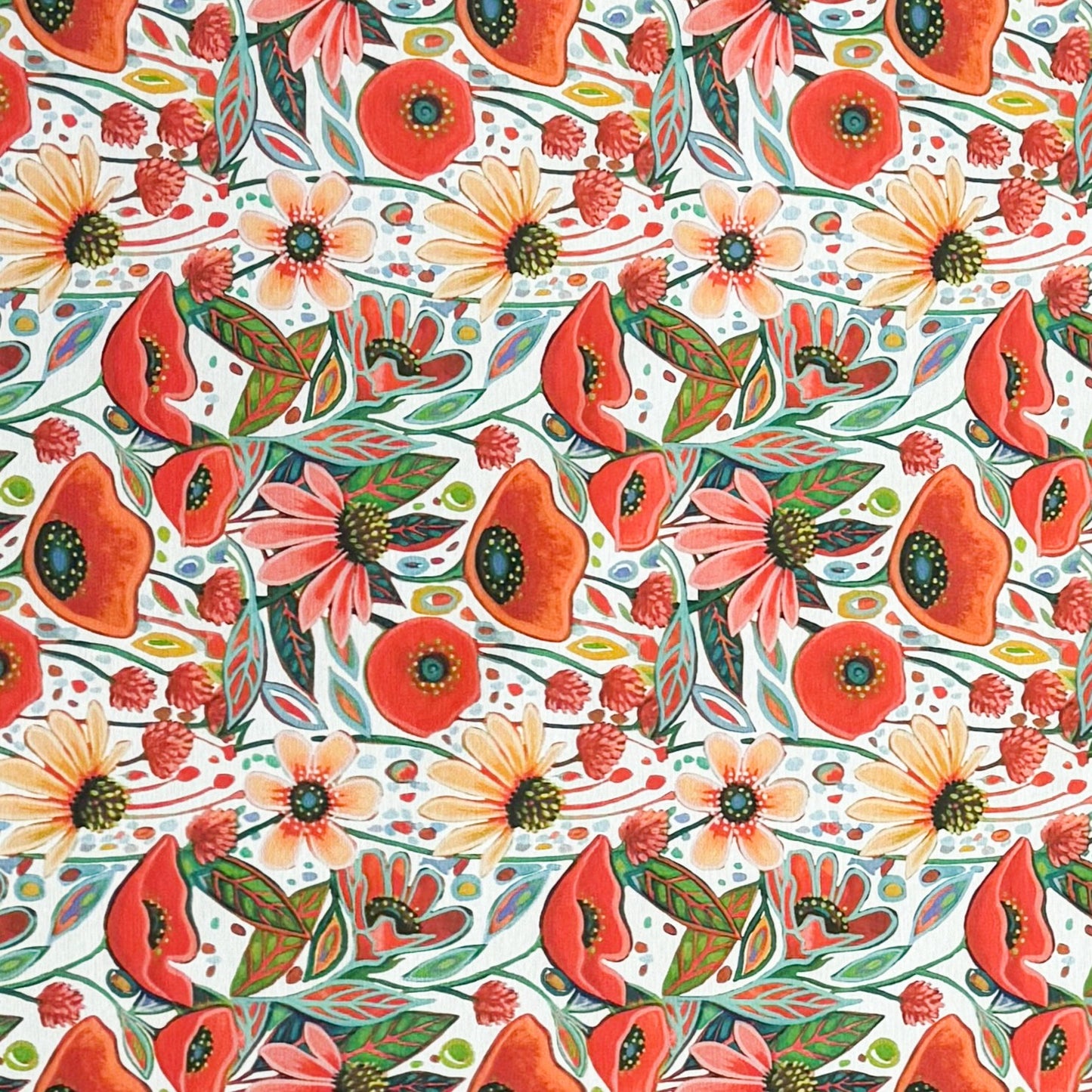  Die jacquard beschichtete Baumwolltischdecke präsentiert ein dichtes, detailreiches Blumenmuster mit Mohnblüten, Blättern und kleinen Streublüten in warmen Rot-, Creme- und Grüntönen. 