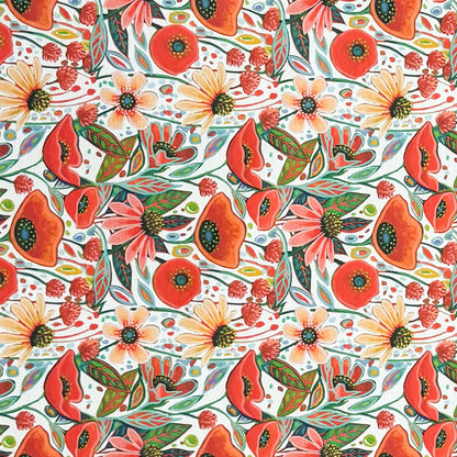  Die jacquard beschichtete Baumwolltischdecke präsentiert ein dichtes, detailreiches Blumenmuster mit Mohnblüten, Blättern und kleinen Streublüten in warmen Rot-, Creme- und Grüntönen. 