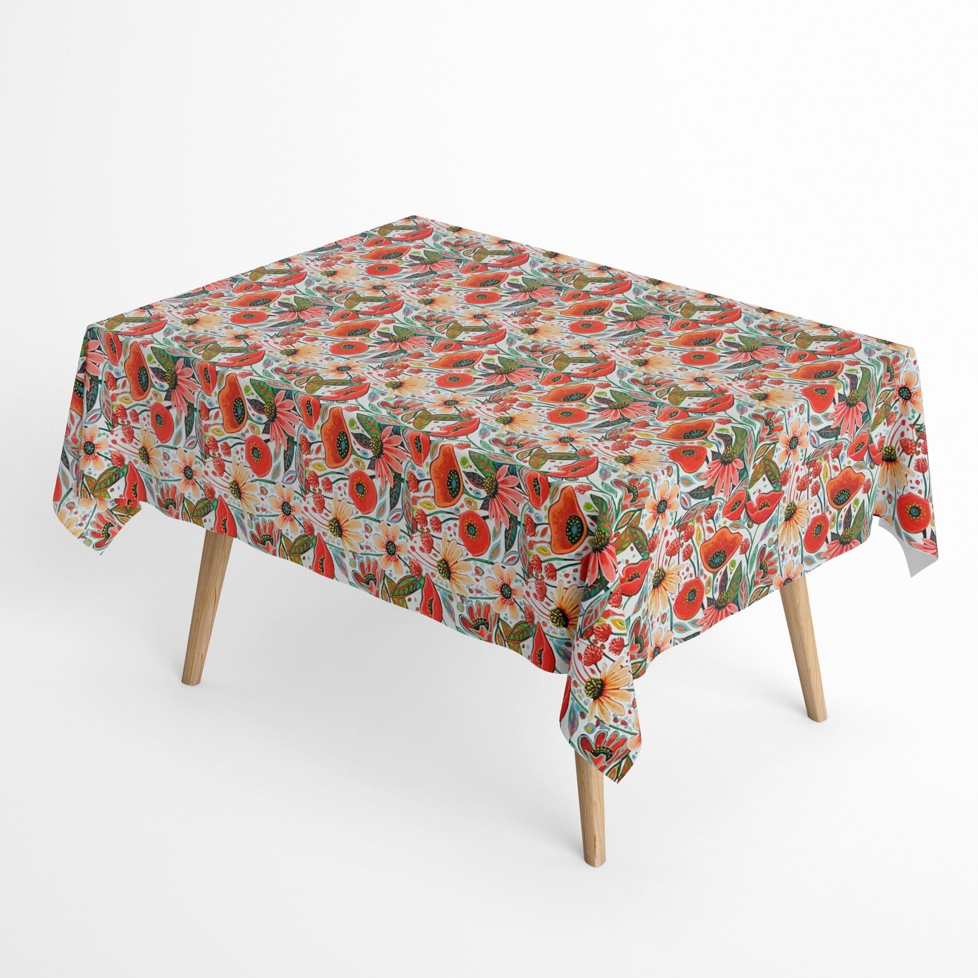  Die jacquard beschichtete Baumwolltischdecke präsentiert ein dichtes, detailreiches Blumenmuster mit Mohnblüten, Blättern und kleinen Streublüten in warmen Rot-, Creme- und Grüntönen. 