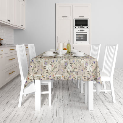 nappe textile jacquard coton enduit fleurs de JASMIN sur ovale ronde grise angulaire