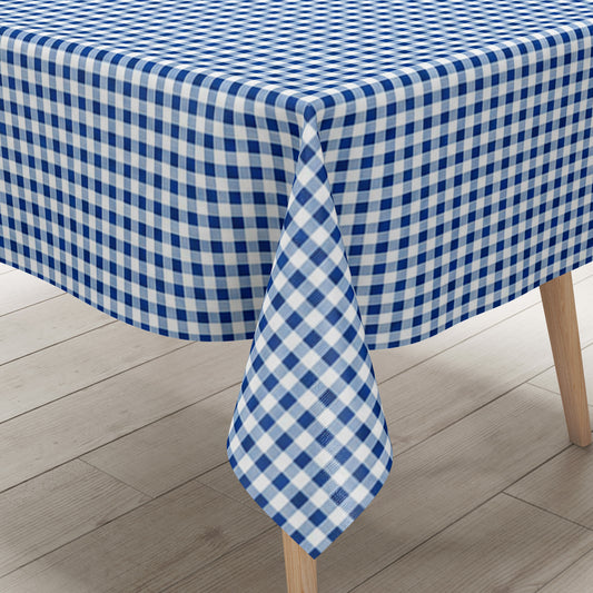 Blau-weiß karierte Wachstuch-Tischdecke in Nahaufnahme. Das feine Vichy-Karomuster besteht aus gleichmäßigen kleinen Quadraten und verläuft glatt und eben über die gesamte Fläche. Die Oberfläche wirkt faltenfrei und gleichmäßig ausgeleuchtet.