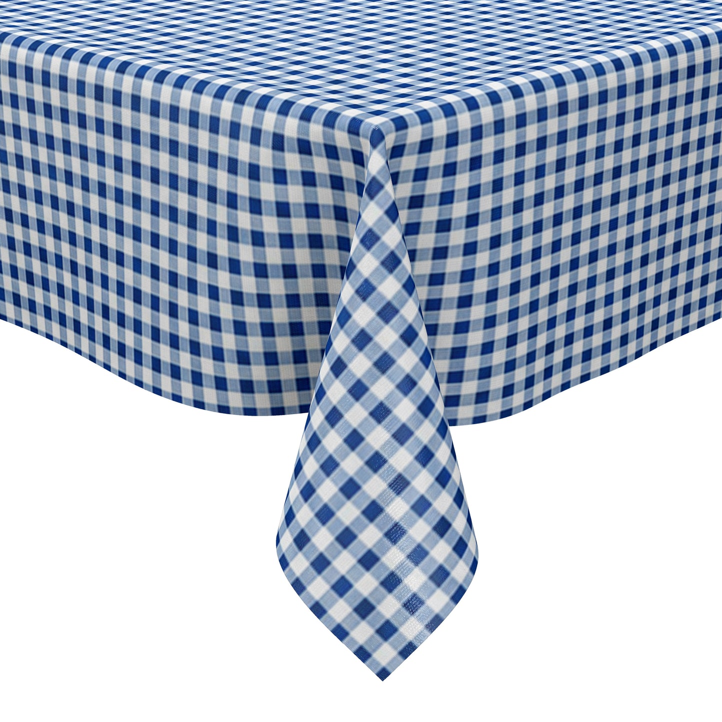 Blau-weiß karierte Wachstuch-Tischdecke in Nahaufnahme. Das feine Vichy-Karomuster besteht aus gleichmäßigen kleinen Quadraten und verläuft glatt und eben über die gesamte Fläche. Die Oberfläche wirkt faltenfrei und gleichmäßig ausgeleuchtet.
