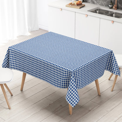 Blau-weiß karierte Wachstuch-Tischdecke in Nahaufnahme. Das feine Vichy-Karomuster besteht aus gleichmäßigen kleinen Quadraten und verläuft glatt und eben über die gesamte Fläche. Die Oberfläche wirkt faltenfrei und gleichmäßig ausgeleuchtet.