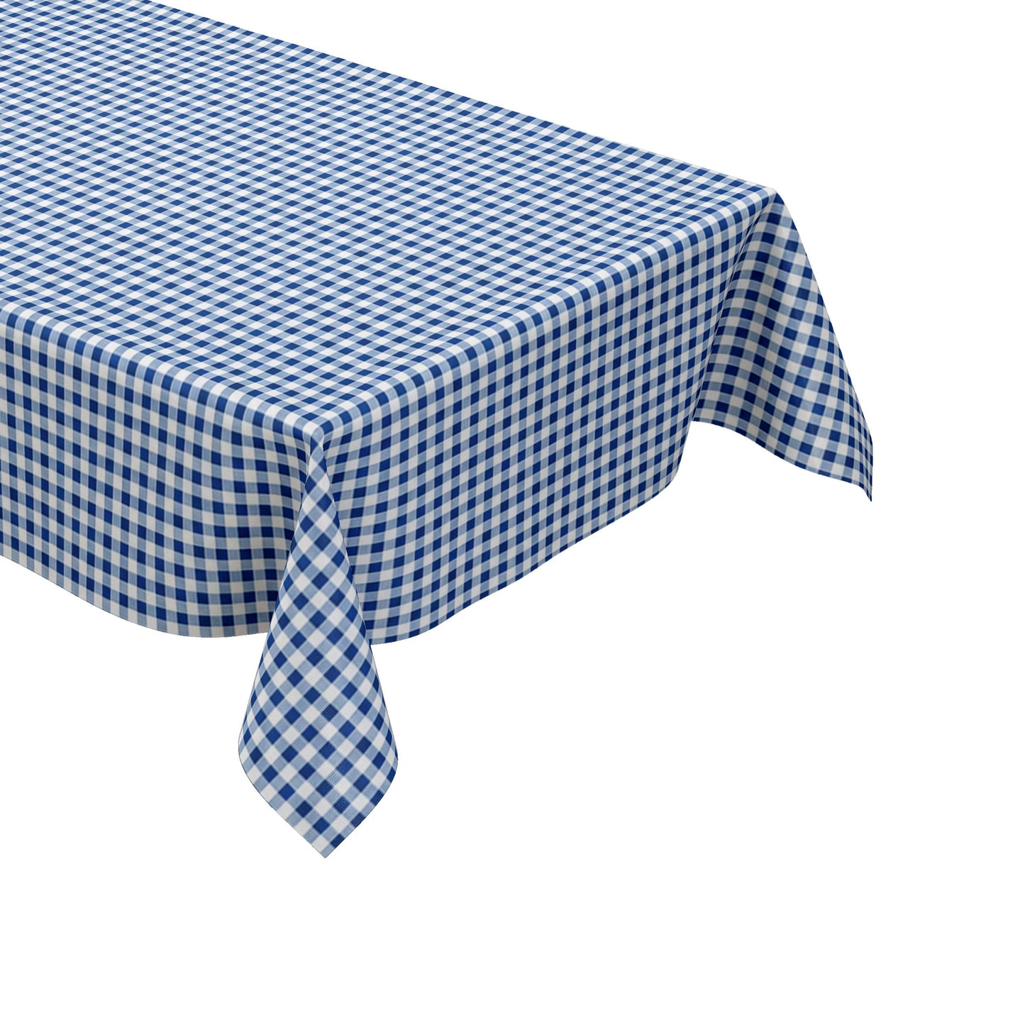 Blau-weiß karierte Wachstuch-Tischdecke in Nahaufnahme. Das feine Vichy-Karomuster besteht aus gleichmäßigen kleinen Quadraten und verläuft glatt und eben über die gesamte Fläche. Die Oberfläche wirkt faltenfrei und gleichmäßig ausgeleuchtet.